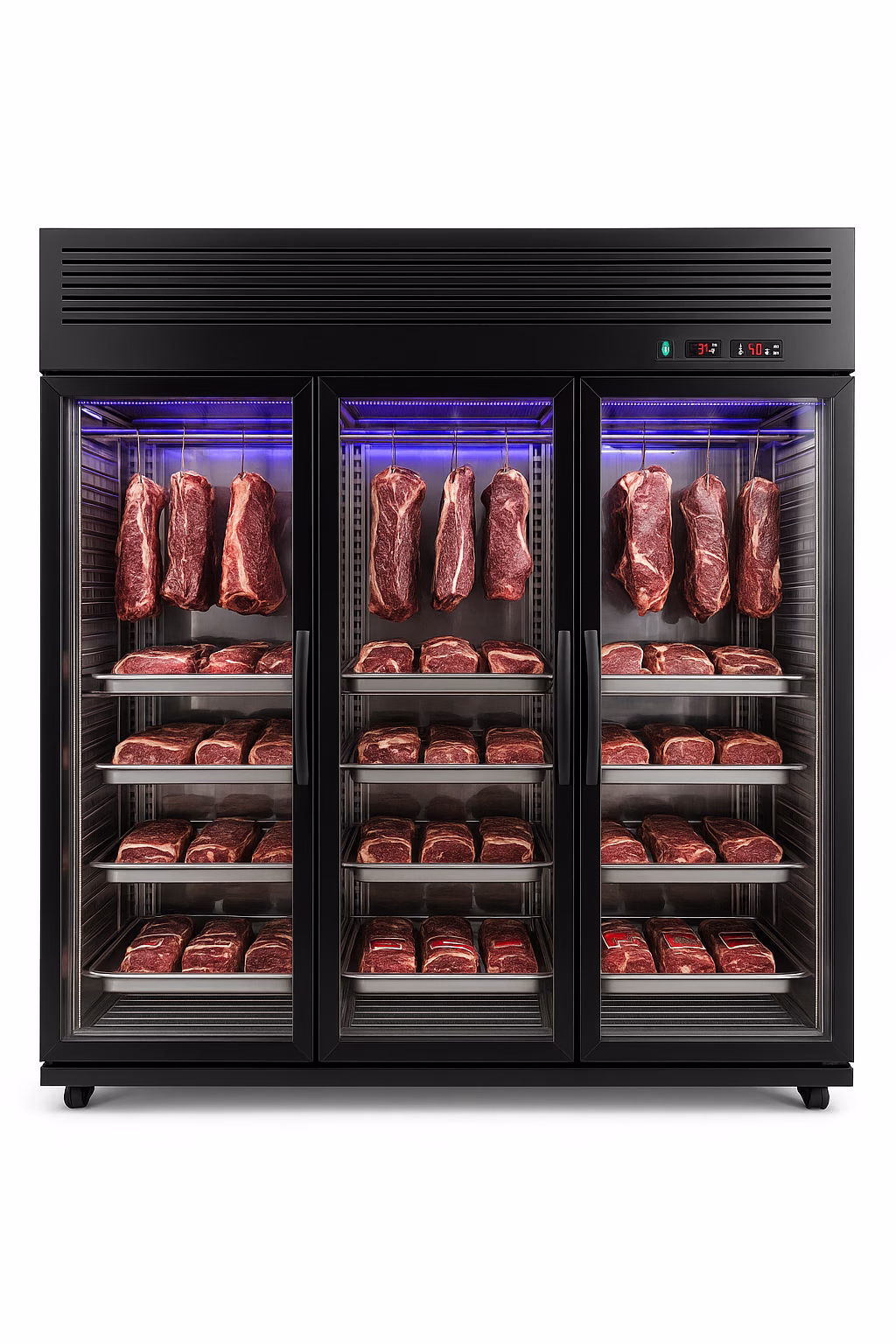 Vitrina frigorifica profesionala pentru maturare carne – 3 usi, control umiditate si sare de Himalaya